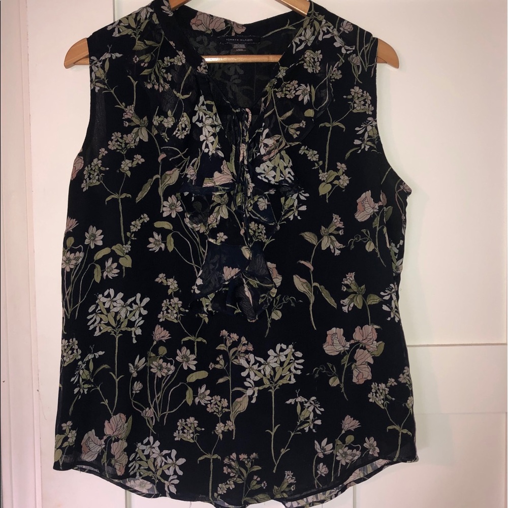 Tommy Hilfiger Navy Floral Ruffle-neck Blouse - L